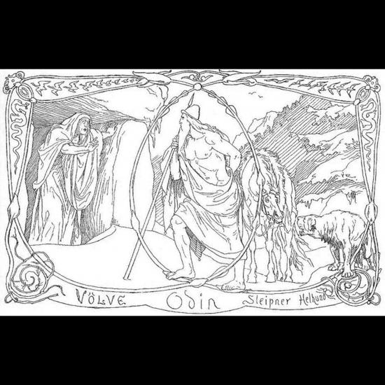 Odin et son cheval Sleipnir rencontrent une völva sans nom à Hel