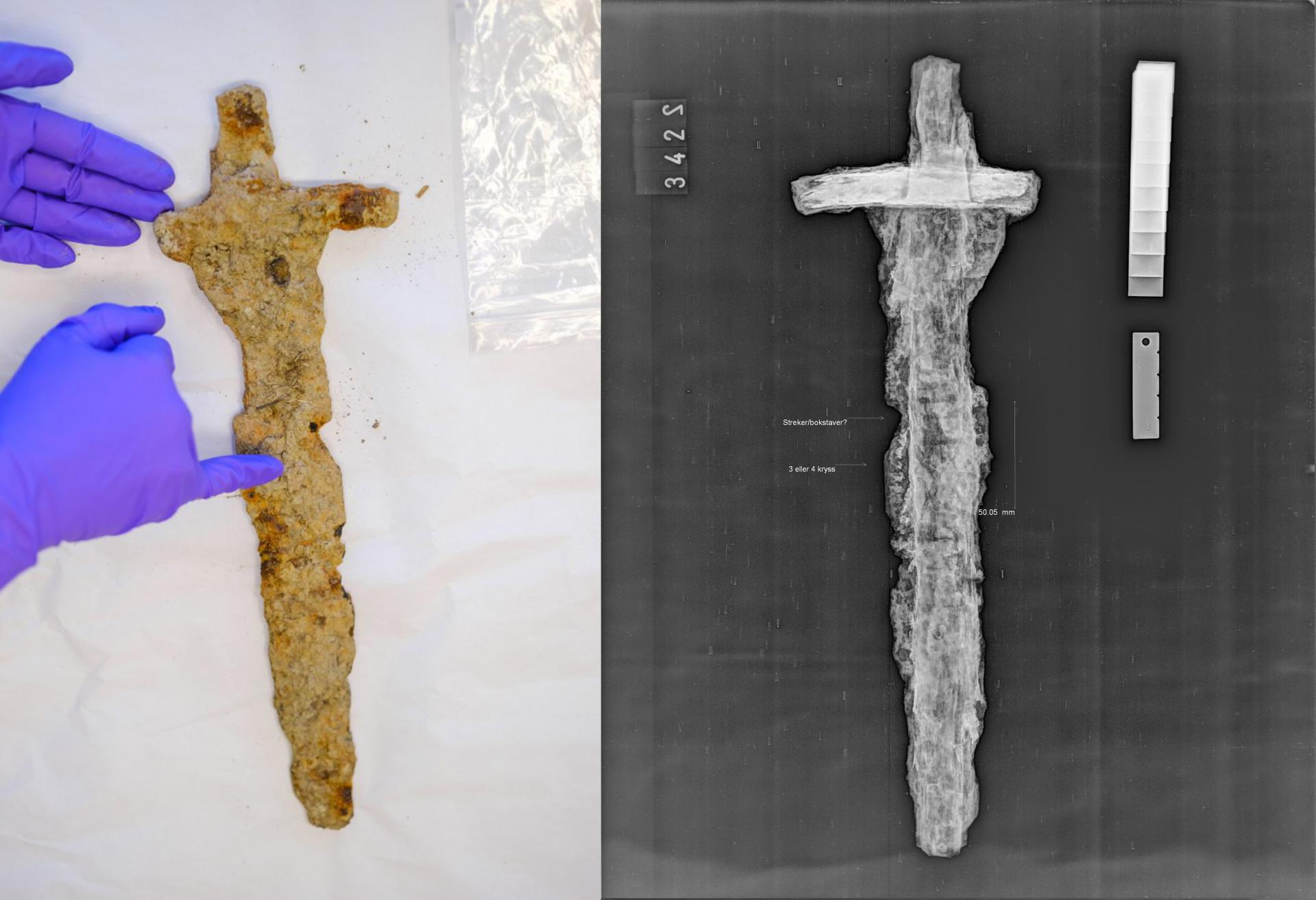 Norvège - L'épée viking trouvée dans un champ à Suldal -Photo: Øyvind Nesvåg/ comté de Rogaland- À droite, radiographie de l'épée - Photo: Musée archéologique de Stavanger/UiS